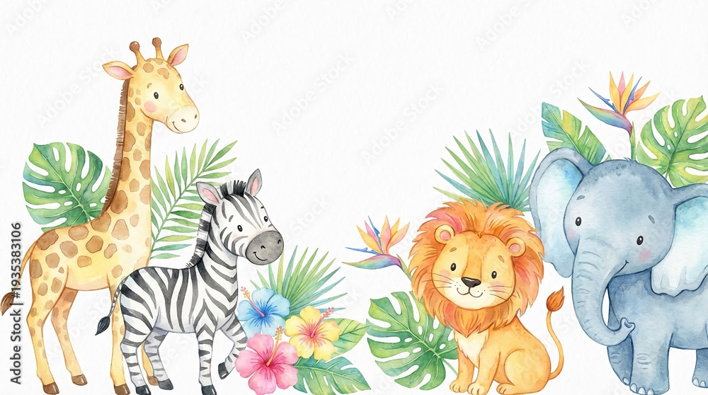Fototapeta premium Watercolor drawing of giraffe, zebra, lion and elephant with tropical plants, creating a cheerful and wildlife appearance, representative of fauna and flora