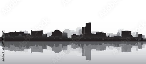 Black and white panoramic poster of the city skyline with misty background buildings and water reflection of HOUSTON, UNITED STATES