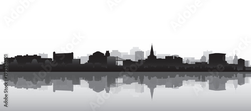 Black and white panoramic poster of the city skyline with misty background buildings and water reflection of SAN FRANCISCO, UNITED STATES