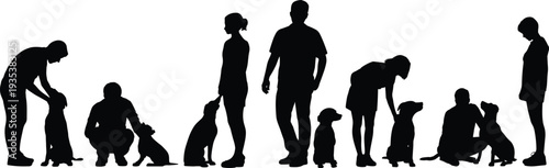 People interacting with dogs silhouettes collection isolated on white background representing pet care, companionship, training, bonding and daily life with domestic animals
