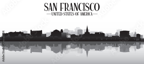 Black and white panoramic poster of the city skyline with misty background buildings and water reflection of SAN FRANCISCO, UNITED STATES