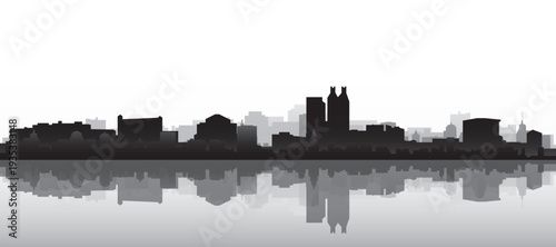 Black and white panoramic poster of the city skyline with misty background buildings and water reflection of ATLANTA, UNITED STATES