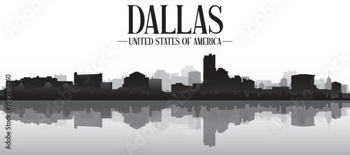 Black and white panoramic poster of the city skyline with misty background buildings and water reflection of DALLAS, UNITED STATES