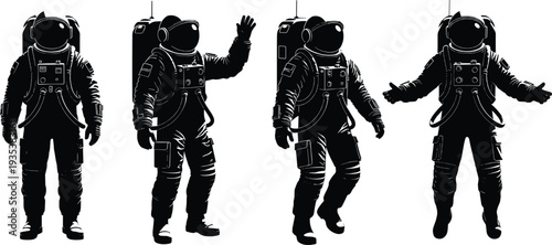 Astronaut silhouette set in different poses, spaceman in spacesuit isolated vector illustration for space exploration, cosmos mission and science fiction design