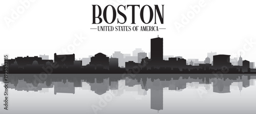 Black and white panoramic poster of the city skyline with misty background buildings and water reflection of BOSTON, UNITED STATES