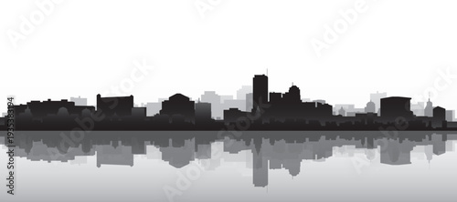 Black and white panoramic poster of the city skyline with misty background buildings and water reflection of SEATTLE, UNITED STATES