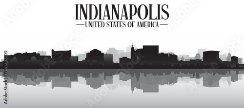 Black and white panoramic poster of the city skyline with misty background buildings and water reflection of INDIANAPOLIS, UNITED STATES