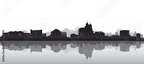 Black and white panoramic poster of the city skyline with misty background buildings and water reflection of DETROIT, UNITED STATES