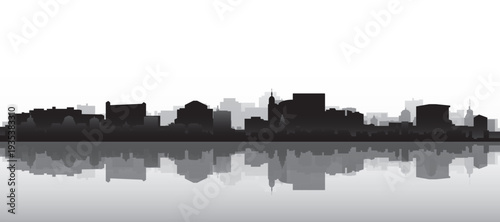 Black and white panoramic poster of the city skyline with misty background buildings and water reflection of INDIANAPOLIS, UNITED STATES