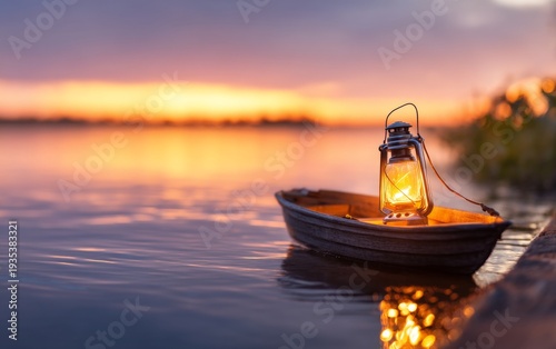 Glowing Lantern on Small Wooden Boat at Sunset