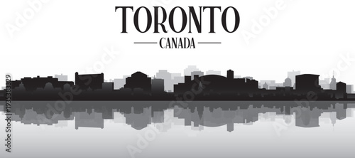 Black and white panoramic poster of the city skyline with misty background buildings and water reflection of TORONTO, CANADA