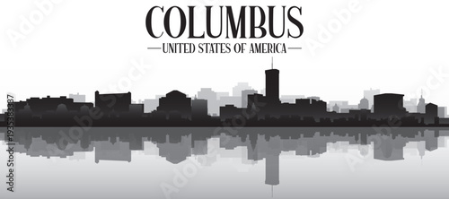 Black and white panoramic poster of the city skyline with misty background buildings and water reflection of COLUMBUS, UNITED STATES
