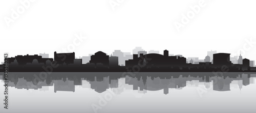 Black and white panoramic poster of the city skyline with misty background buildings and water reflection of TORONTO, CANADA