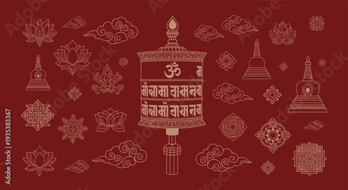 Tibetan prayer wheel with om symbol and buddhist motifs on a deep red background with decorative elements