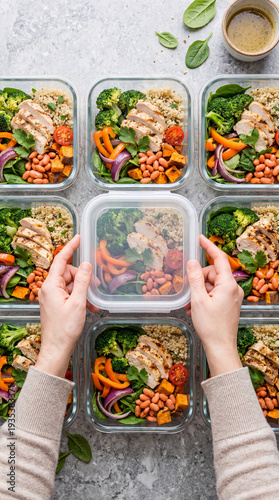 Top view of hands closing a healthy meal prep container. Fresh chicken and vegetable lunch boxes arranged on a table
