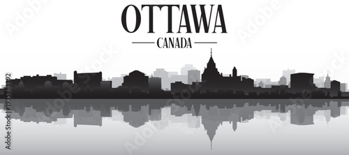 Black and white panoramic poster of the city skyline with misty background buildings and water reflection of OTTAWA, CANADA