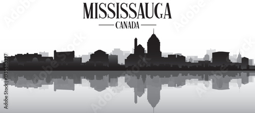 Black and white panoramic poster of the city skyline with misty background buildings and water reflection of MISSISSAUGA, CANADA