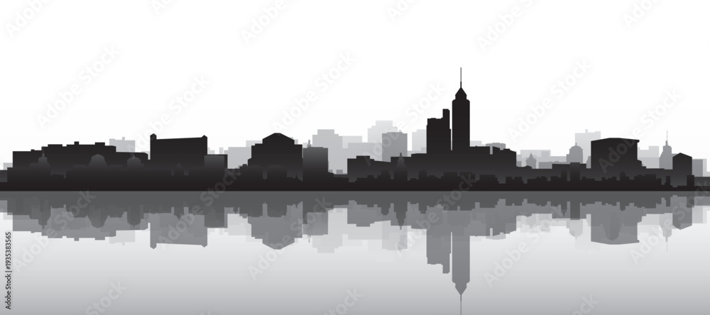 Fototapeta premium Black and white panoramic poster of the city skyline with misty background buildings and water reflection of HONG KONG, CHINA