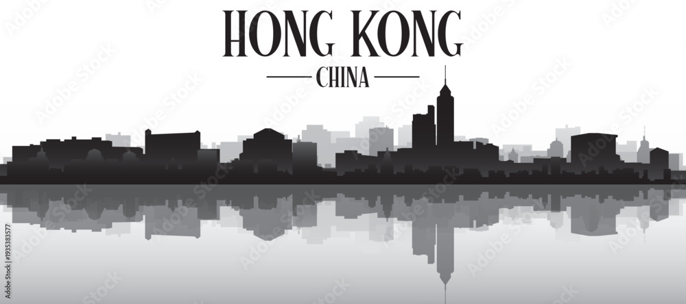 Fototapeta premium Black and white panoramic poster of the city skyline with misty background buildings and water reflection of HONG KONG, CHINA