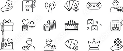 Casino gambling and betting line icons set poker cards chips slot machine dice casino game vector outline symbols