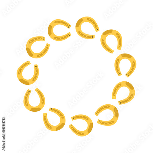 Saint Patrick’s Day Horseshoe Round Frame. Round decorative frame made of golden horseshoes. Saint Patrick’s Day lucky symbol border isolated on light background. Ideal for greeting cards, invitations
