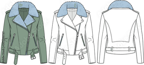Fashion technical sketch of a women’s cropped biker jacket featuring a faux fur collar, asymmetrical zipper, waist belt, and multiple views for design development.