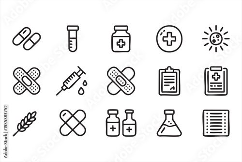 Medical Treatment And Healthcare Icon Set With Virus Vaccine And Bandage