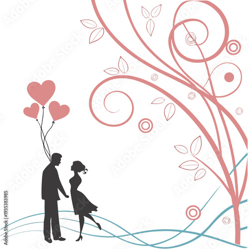 A romantic couple celebrating love with heart balloons