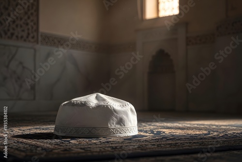 Islam. Religion and faith, Islamic prayer rug with a white prayer cap on a patterned floor, illuminated by sunlight casting geometric shadows.

