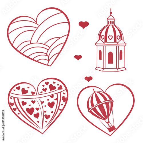 Romantic heart designs with a gazebo and hot air balloon