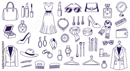 Elegant collection of fashion accessories and beauty items for a sophisticated woman's wardrobe and personal care routine