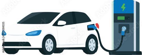 EV Charging Concept Car and Charger Flat Vector Illustration featuring Electric Vehicle Powering Up at Sustainable Green Energy Station for Future Transportation Design