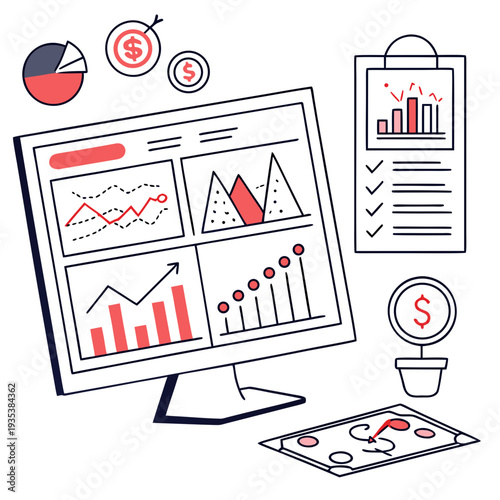 A computer monitor displaying various business charts and graphs
