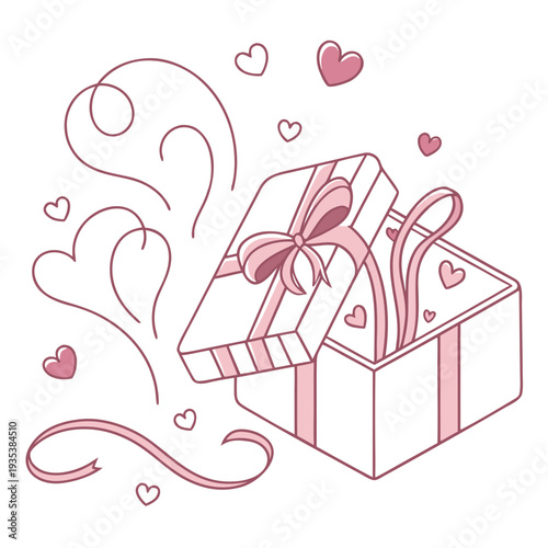 A pink gift box with hearts and a ribbon