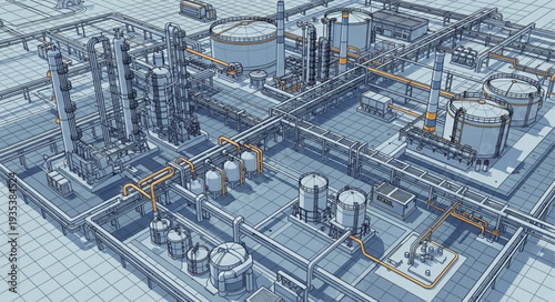 Industrial complex with pipes and tanks in winter landscape.