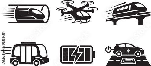 Future Mobility, Advanced Transportation and Electric Autonomous Vehicle Technology Streamlined Speed-line Icon Set Vector Illustration
