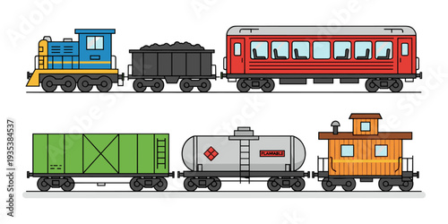 Train set displaying different types of railway transportation units, including engine, passenger car, hopper, tank car, and caboose