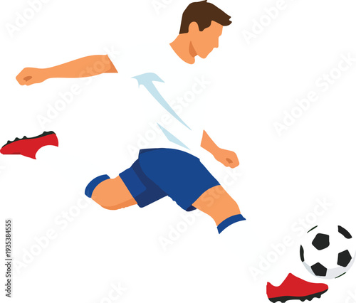 Soccer Player Kicking Ball Full Body Flat Vector Illustration featuring Male Football Athlete Striking Ball for Sports Action and Dynamic Competition Graphic Design