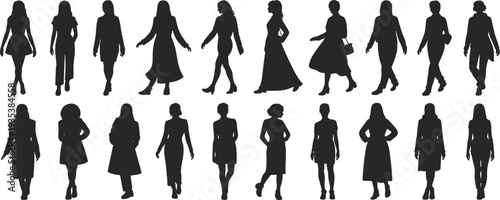 Collection of stylish women silhouettes walking in different poses, female fashion figures set isolated on white background vector style illustration