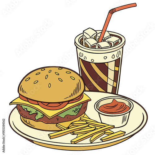 A plate of food with a burger and fries and a drink