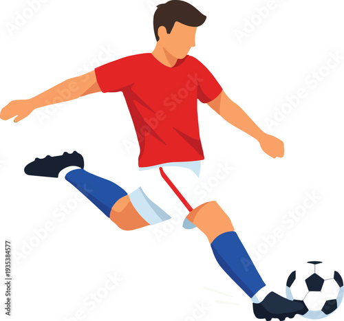 Football Player Shooting Ball Flat Design Vector Full Body Illustration featuring Male Soccer Athlete Striking Ball for Sports Action and Goal Scoring Graphic Design