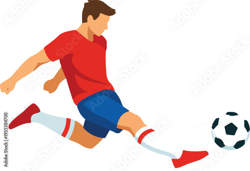 Soccer Match Kick Moment Flat Vector Illustration Full Body featuring Male Football Player Striking Ball for Sports Action and Athletic Competition Graphic Design