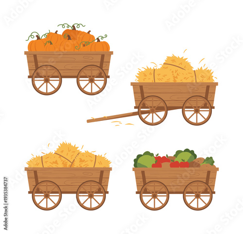 Farm wagons hauling pumpkins, hay, cabbage, and tomatoes, representing agricultural abundance, harvest time, and rural lifestyle