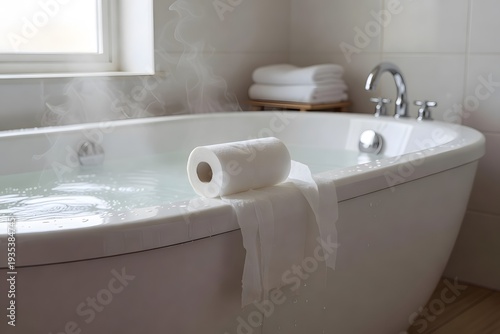 Toilet paper roll mounted on dispenser, Holder with soft toilet paper roll in bathroom, Toilet paper roll on a wall mount.
