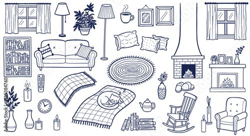 Cozy Living Room Scene With Fireplace Sofa Armchair Bookshelf And Decorative Elements Hand Drawn Sketch Style