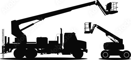 Construction boom lift truck silhouettes with aerial platform cherry picker machinery isolated on white background industrial equipment vector set