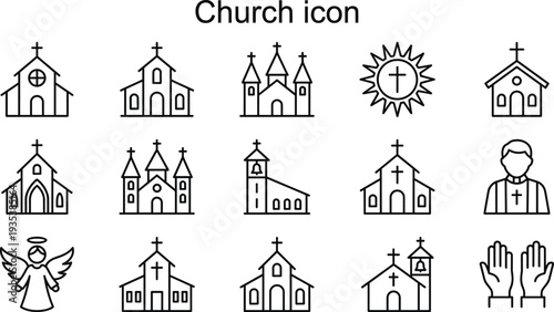 Church and Christian religion icons collection including chapel cross priest angel prayer cathedral outline vector set for faith worship and religious design