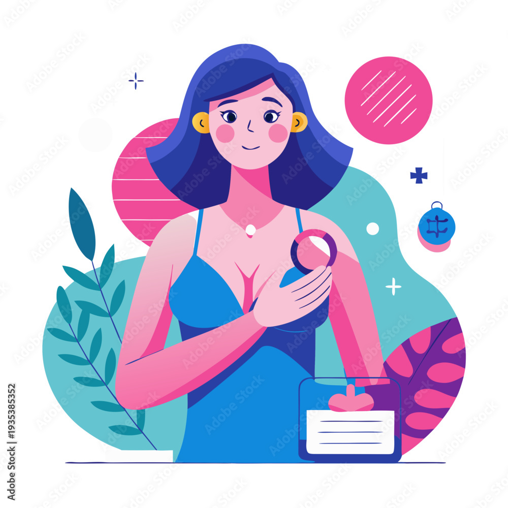 Fototapeta premium Illustration of a caucasian woman groping her breasts doing self-examination against breast cancer, prevention and diagnosis for life. Ideal for institutional and educational materials 