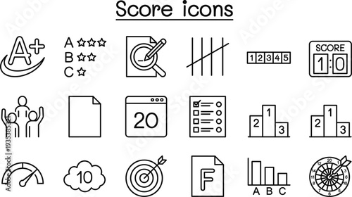 Score and rating icons collection including grade marks ranking chart target evaluation feedback performance measurement outline vector set for education and analytics design