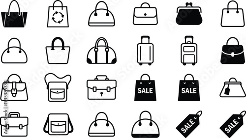 Shopping bag and handbag icons collection including purse backpack briefcase luggage sale tag retail symbols outline vector set for ecommerce fashion store design